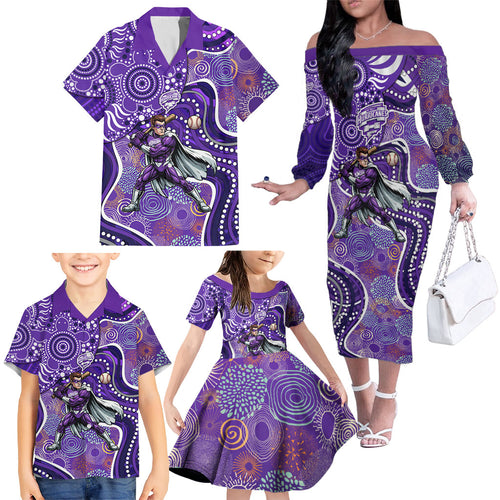 Hobart Hurricanes Family Matching Off The Shoulder Long Sleeve Dress and Hawaiian Shirt Indigenous Dot Art Superhero Batter Tribal Pattern