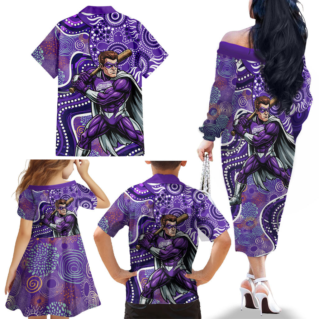 Hobart Hurricanes Family Matching Off The Shoulder Long Sleeve Dress and Hawaiian Shirt Indigenous Dot Art Superhero Batter Tribal Pattern