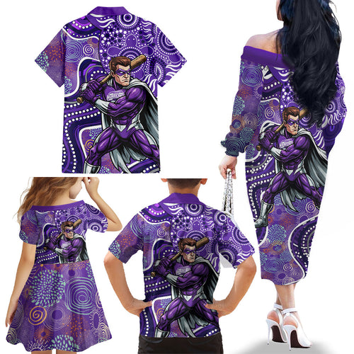 Hobart Hurricanes Family Matching Off The Shoulder Long Sleeve Dress and Hawaiian Shirt Indigenous Dot Art Superhero Batter Tribal Pattern