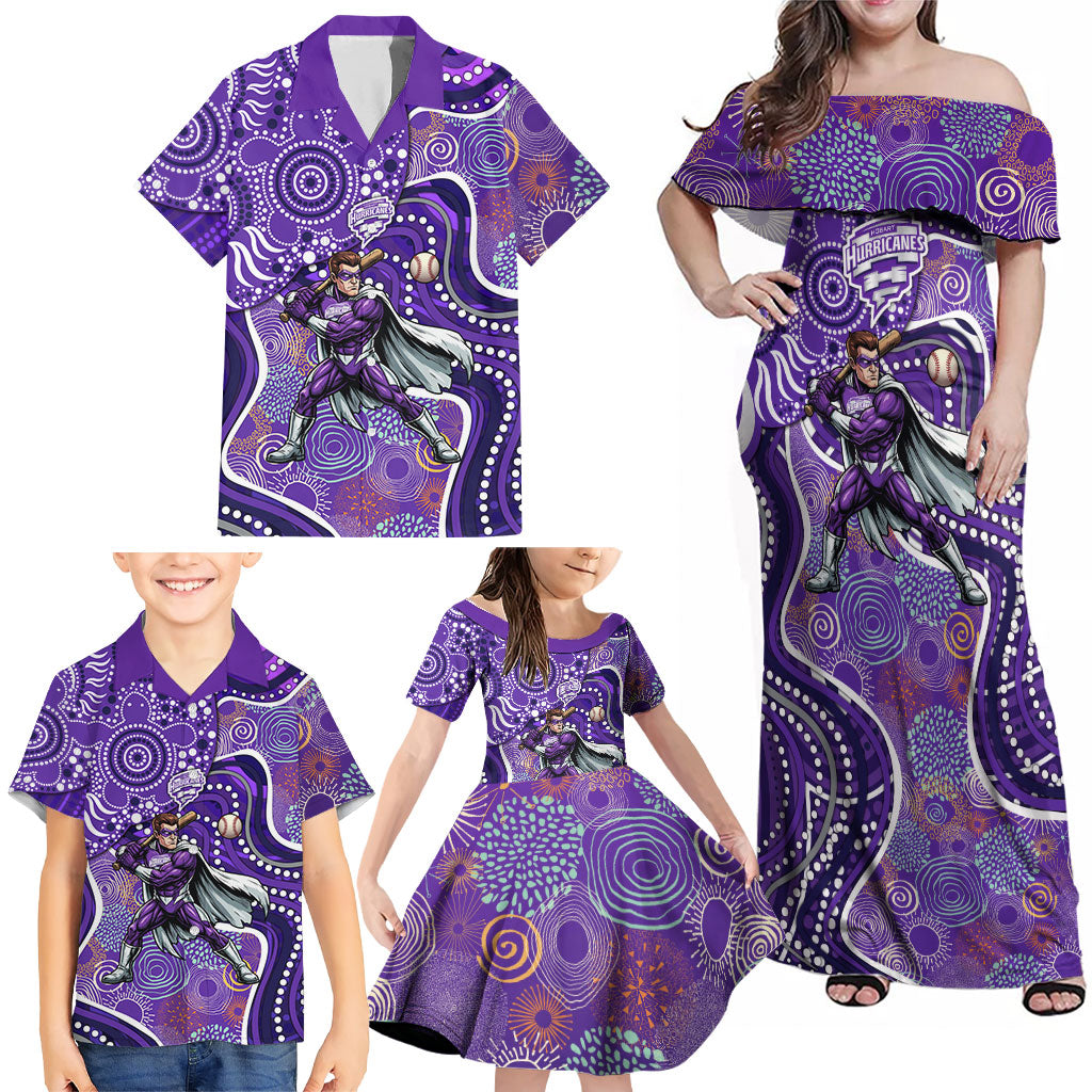 Hobart Hurricanes Family Matching Off Shoulder Maxi Dress and Hawaiian Shirt Indigenous Dot Art Superhero Batter Tribal Pattern