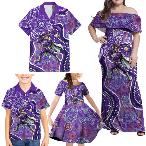 Hobart Hurricanes Family Matching Off Shoulder Maxi Dress and Hawaiian Shirt Indigenous Dot Art Superhero Batter Tribal Pattern