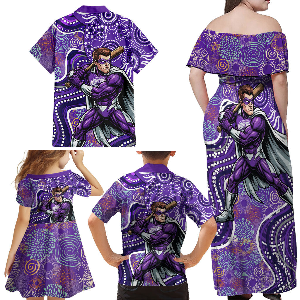 Hobart Hurricanes Family Matching Off Shoulder Maxi Dress and Hawaiian Shirt Indigenous Dot Art Superhero Batter Tribal Pattern