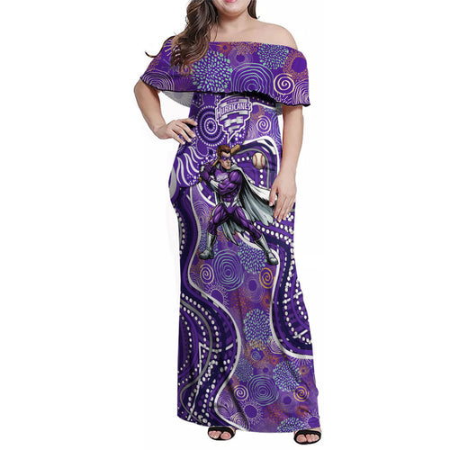 Hobart Hurricanes Family Matching Off Shoulder Maxi Dress and Hawaiian Shirt Indigenous Dot Art Superhero Batter Tribal Pattern