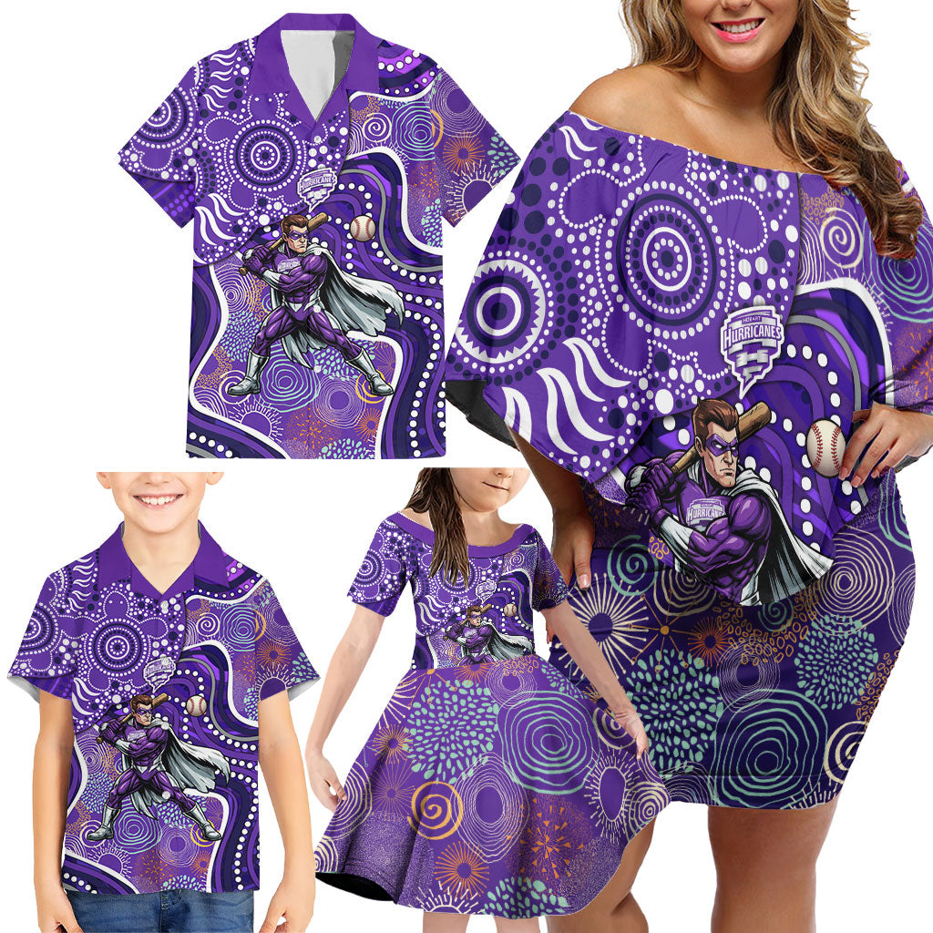 Hobart Hurricanes Family Matching Off Shoulder Short Dress and Hawaiian Shirt Indigenous Dot Art Superhero Batter Tribal Pattern