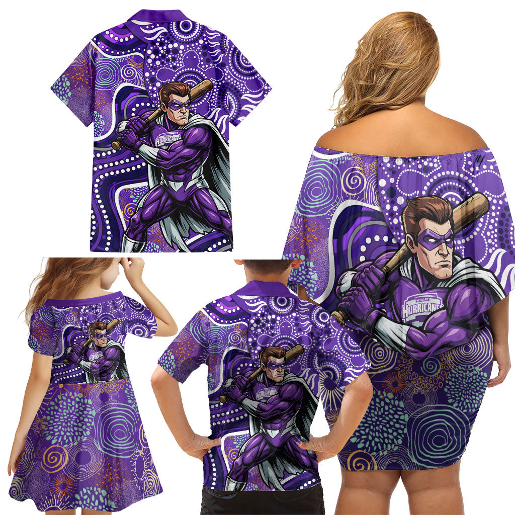 Hobart Hurricanes Family Matching Off Shoulder Short Dress and Hawaiian Shirt Indigenous Dot Art Superhero Batter Tribal Pattern