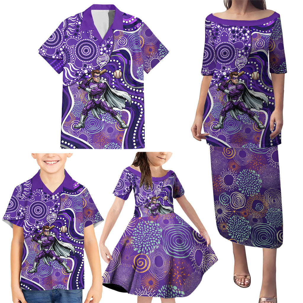 Hobart Hurricanes Family Matching Puletasi and Hawaiian Shirt Indigenous Dot Art Superhero Batter Tribal Pattern