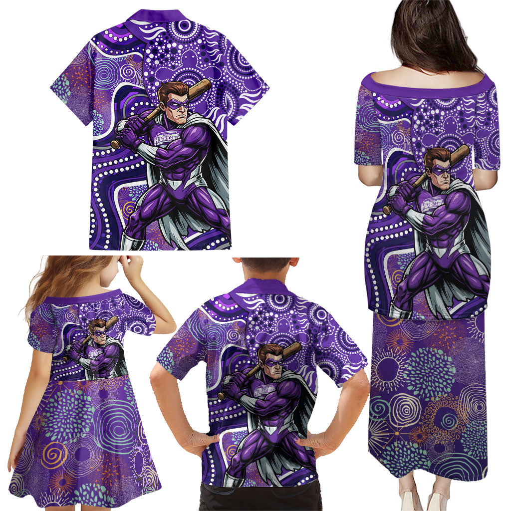 Hobart Hurricanes Family Matching Puletasi and Hawaiian Shirt Indigenous Dot Art Superhero Batter Tribal Pattern