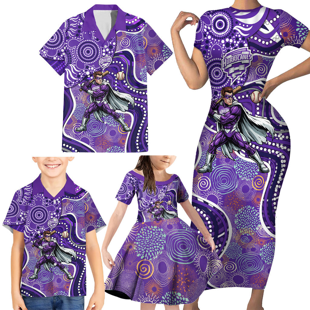 Hobart Hurricanes Family Matching Short Sleeve Bodycon Dress and Hawaiian Shirt Indigenous Dot Art Superhero Batter Tribal Pattern