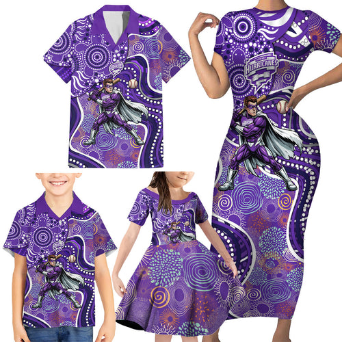 Hobart Hurricanes Family Matching Short Sleeve Bodycon Dress and Hawaiian Shirt Indigenous Dot Art Superhero Batter Tribal Pattern