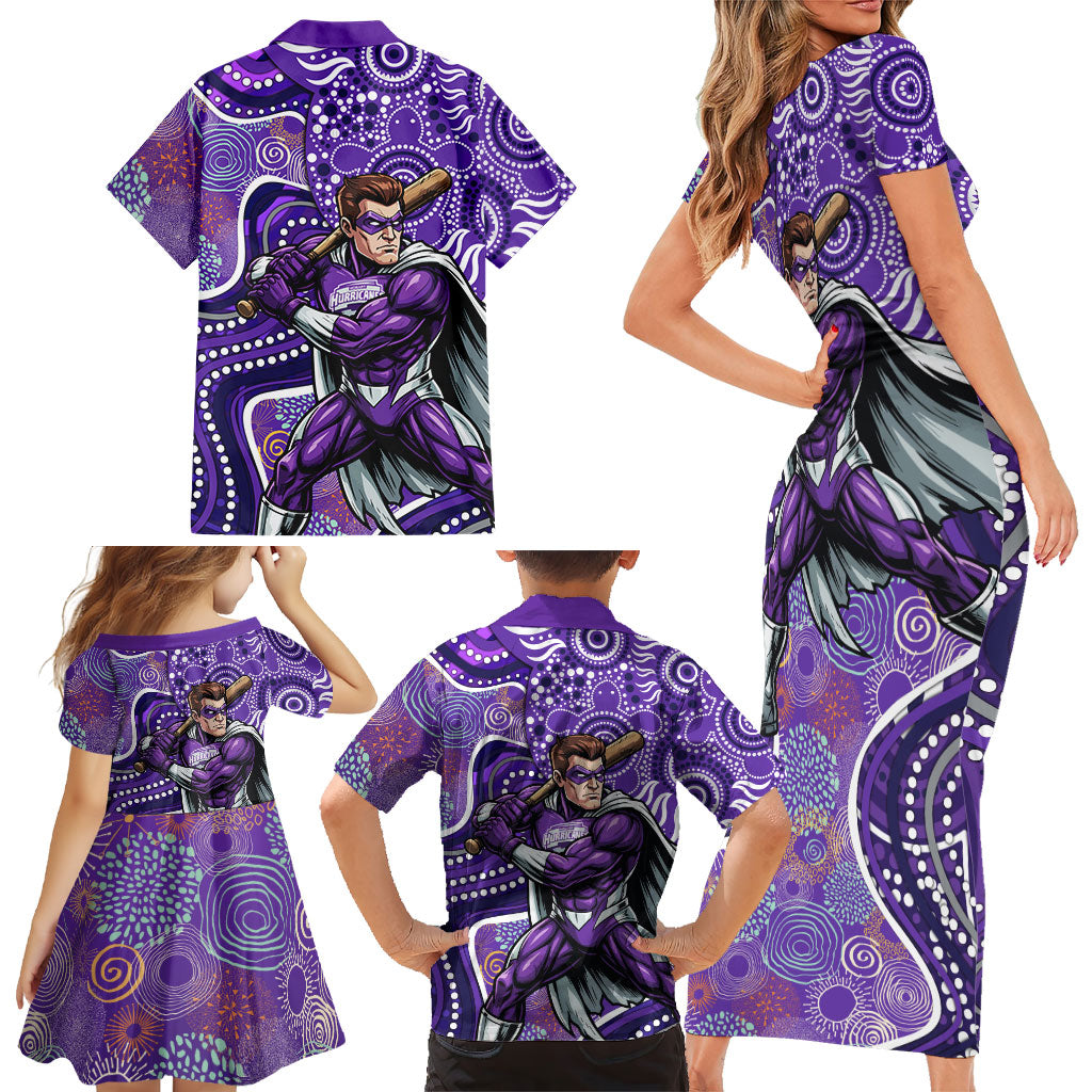 Hobart Hurricanes Family Matching Short Sleeve Bodycon Dress and Hawaiian Shirt Indigenous Dot Art Superhero Batter Tribal Pattern