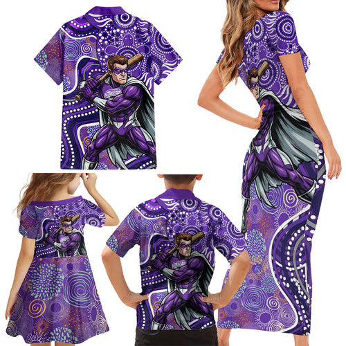 Hobart Hurricanes Family Matching Short Sleeve Bodycon Dress and Hawaiian Shirt Indigenous Dot Art Superhero Batter Tribal Pattern