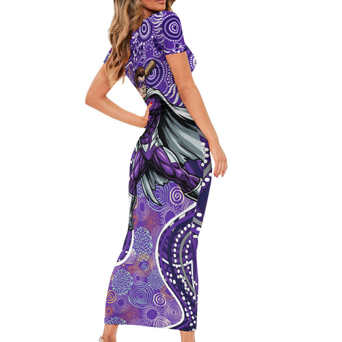 Hobart Hurricanes Family Matching Short Sleeve Bodycon Dress and Hawaiian Shirt Indigenous Dot Art Superhero Batter Tribal Pattern