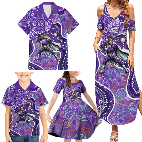 Hobart Hurricanes Family Matching Summer Maxi Dress and Hawaiian Shirt Indigenous Dot Art Superhero Batter Tribal Pattern