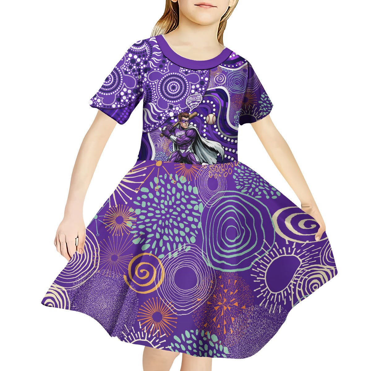 Hobart Hurricanes Kid Short Sleeve Dress Indigenous Dot Art Superhero Batter Tribal Pattern