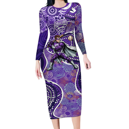 Hobart Hurricanes Long Sleeve Bodycon Dress Indigenous Dot Art Superhero Batter Tribal Pattern