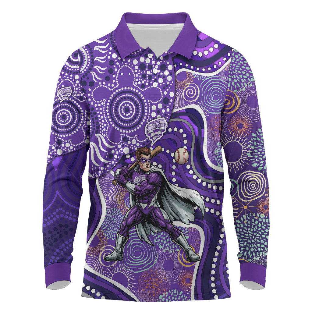 Hobart Hurricanes Long Sleeve Polo Shirt Indigenous Dot Art Superhero Batter Tribal Pattern