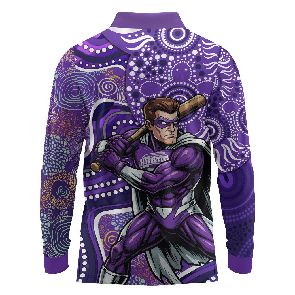 Hobart Hurricanes Long Sleeve Polo Shirt Indigenous Dot Art Superhero Batter Tribal Pattern