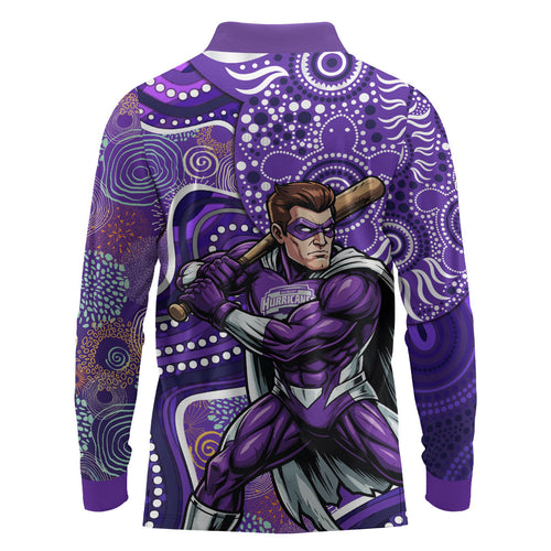 Hobart Hurricanes Long Sleeve Polo Shirt Indigenous Dot Art Superhero Batter Tribal Pattern