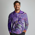 Hobart Hurricanes Long Sleeve Polo Shirt Indigenous Dot Art Superhero Batter Tribal Pattern
