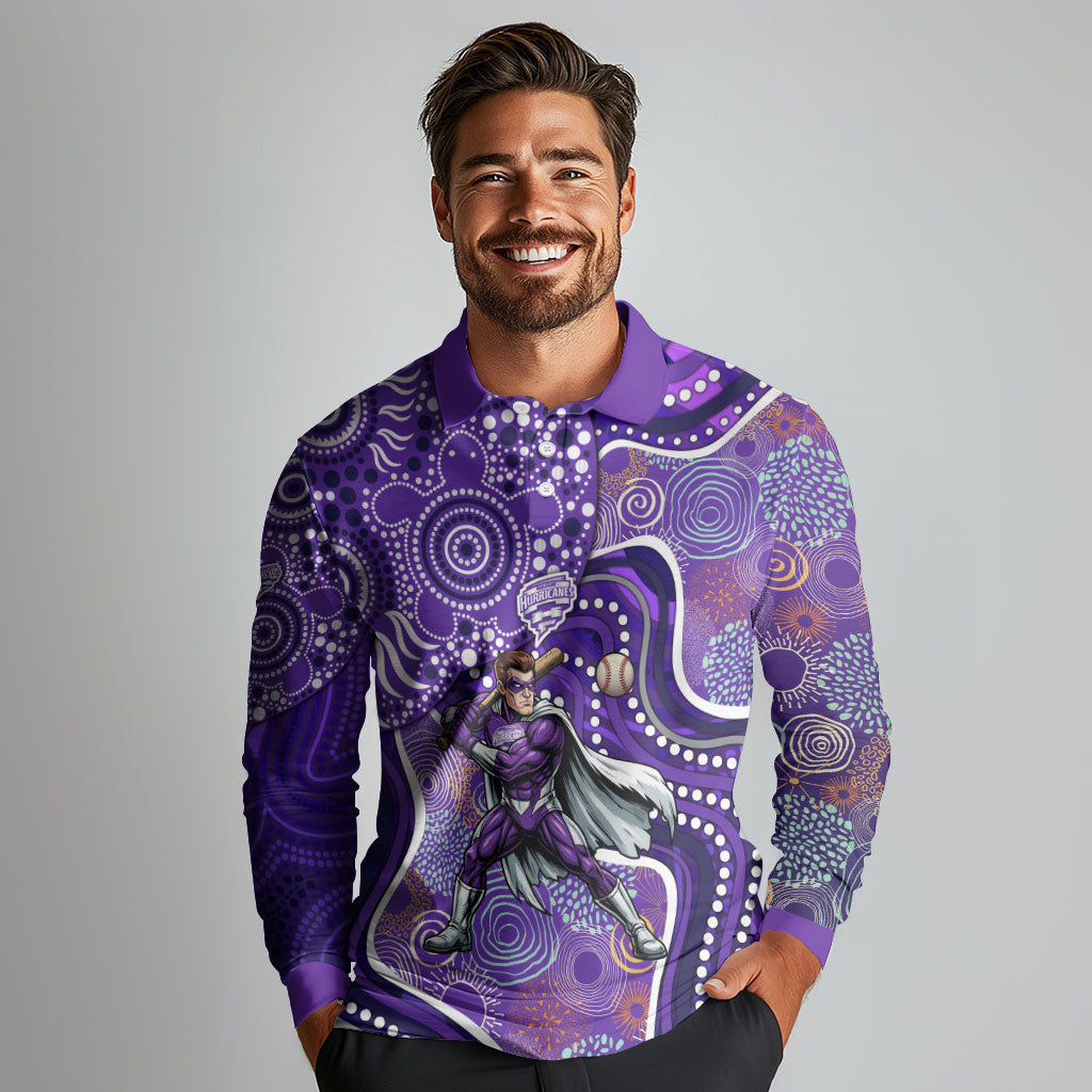 Hobart Hurricanes Long Sleeve Polo Shirt Indigenous Dot Art Superhero Batter Tribal Pattern
