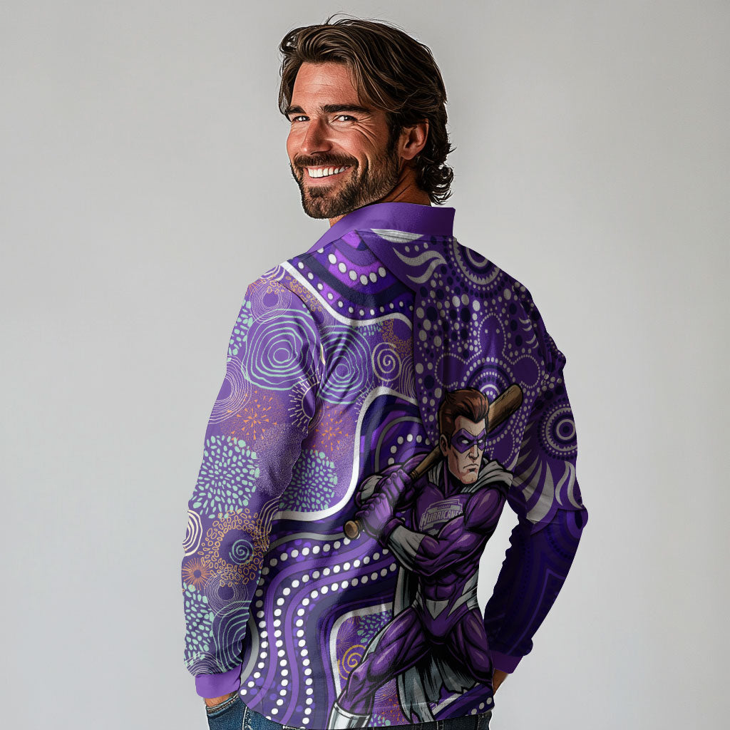 Hobart Hurricanes Long Sleeve Polo Shirt Indigenous Dot Art Superhero Batter Tribal Pattern