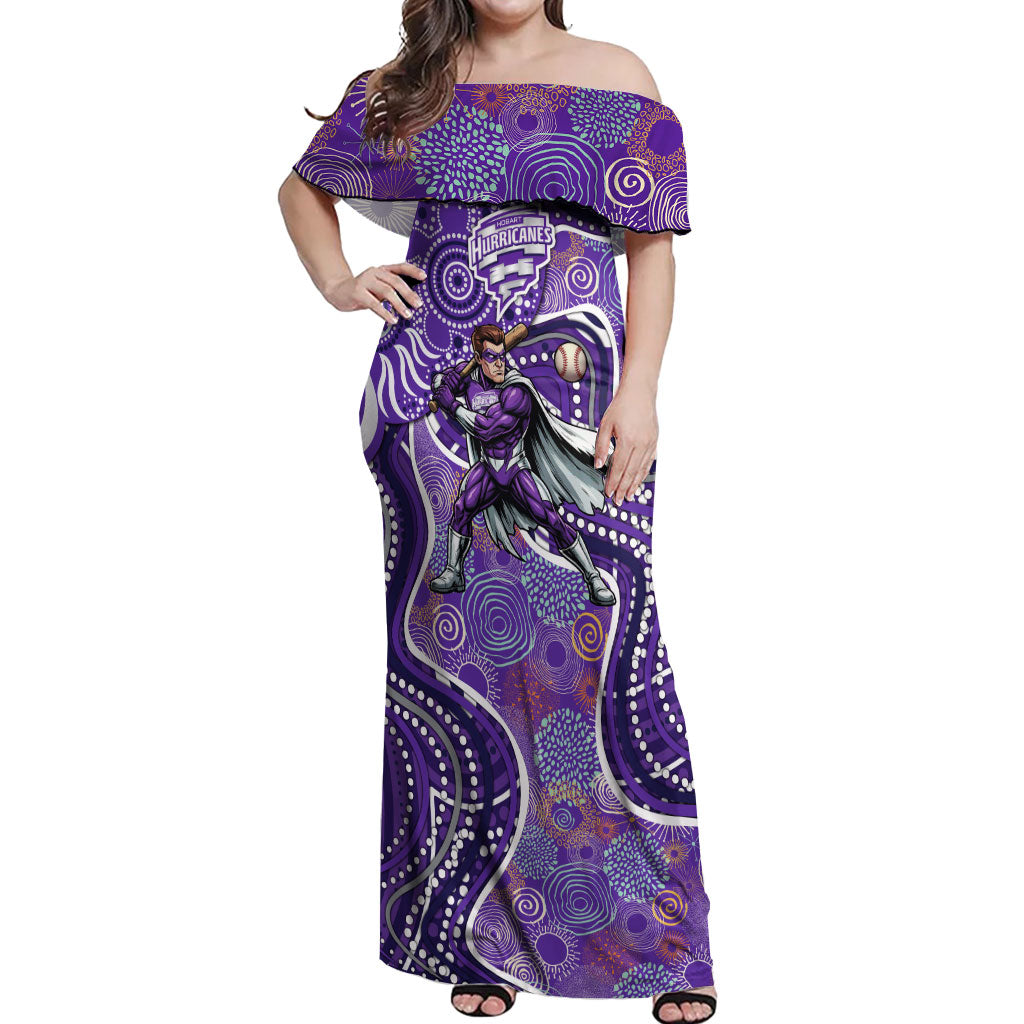 Hobart Hurricanes Off Shoulder Maxi Dress Indigenous Dot Art Superhero Batter Tribal Pattern