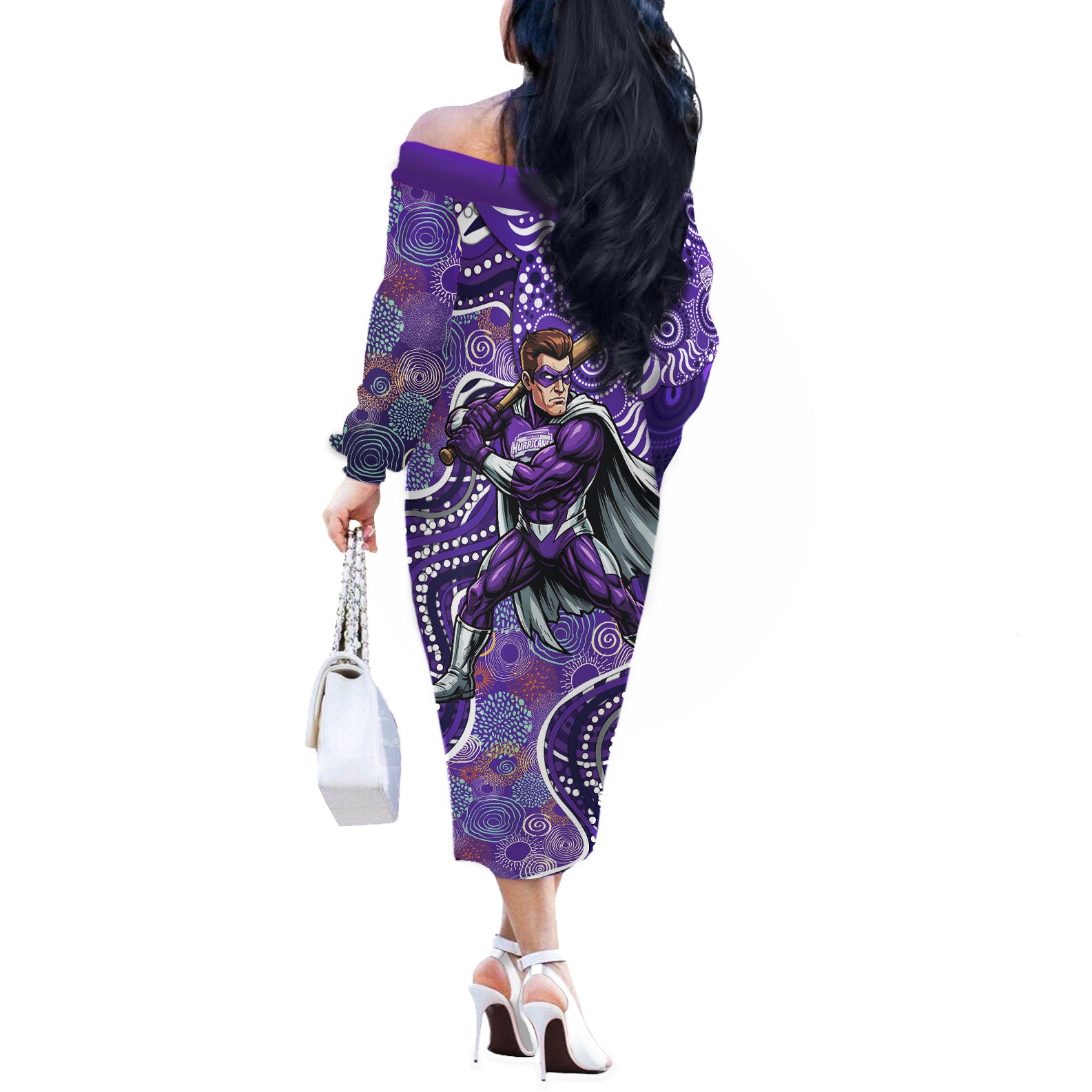 Hobart Hurricanes Off The Shoulder Long Sleeve Dress Indigenous Dot Art Superhero Batter Tribal Pattern