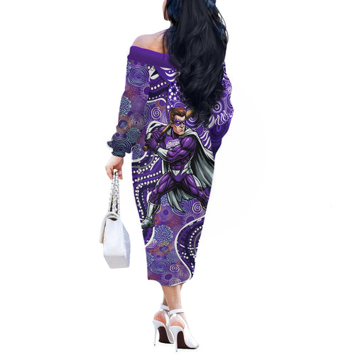 Hobart Hurricanes Off The Shoulder Long Sleeve Dress Indigenous Dot Art Superhero Batter Tribal Pattern