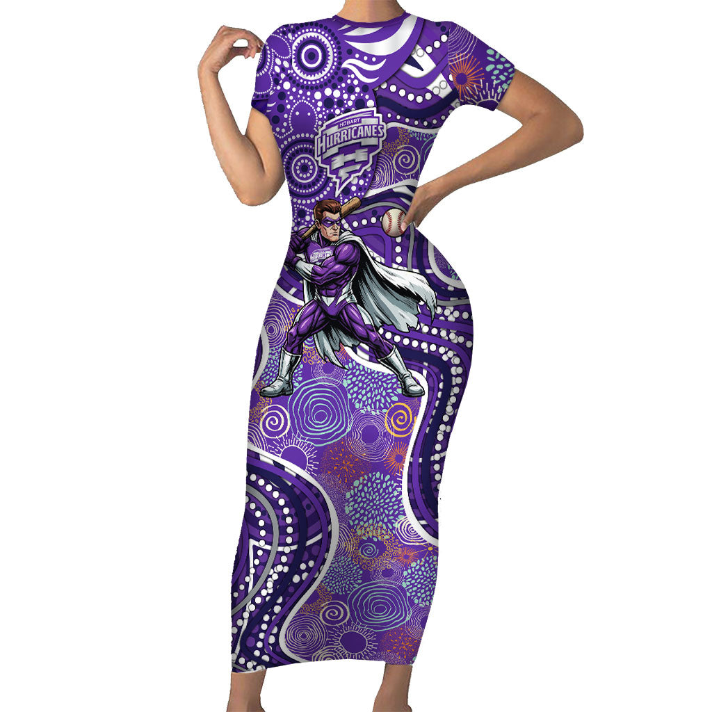 Hobart Hurricanes Short Sleeve Bodycon Dress Indigenous Dot Art Superhero Batter Tribal Pattern