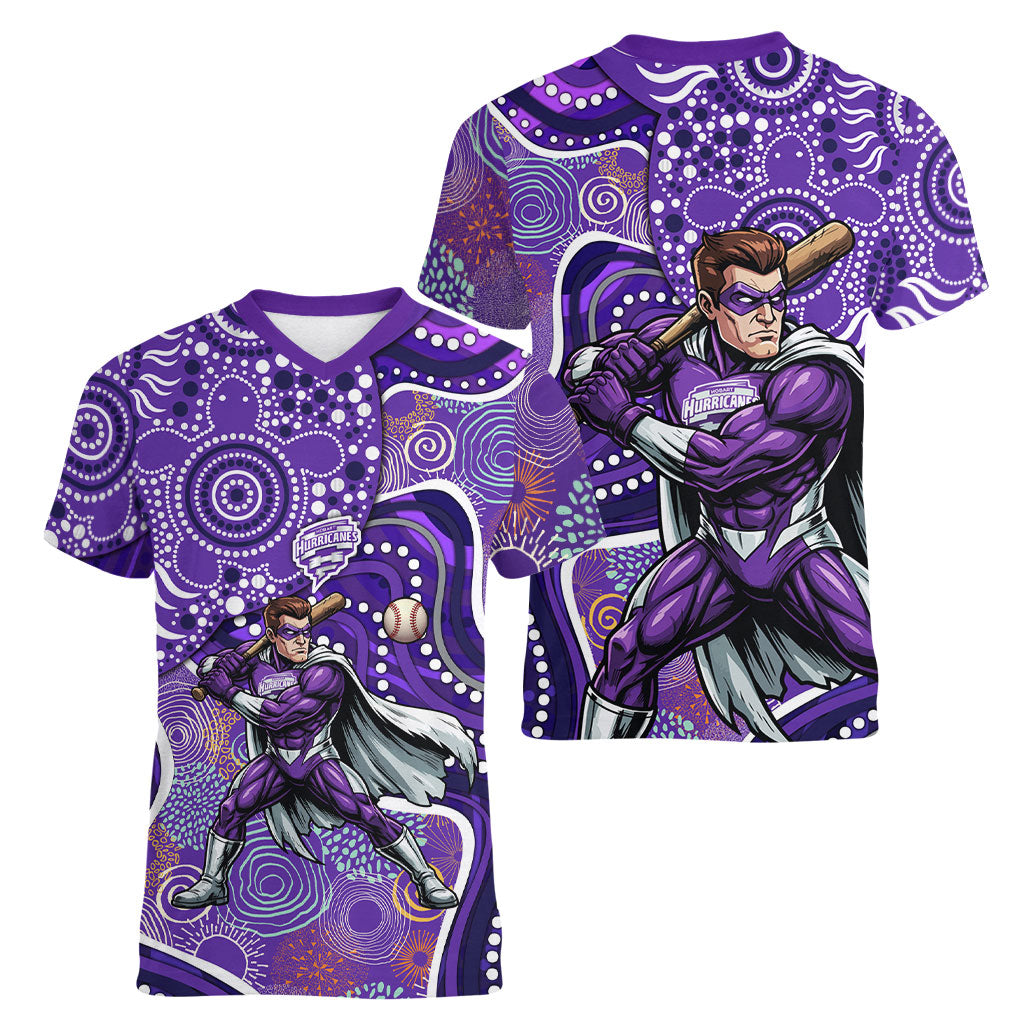 Hobart Hurricanes Women V-Neck T-Shirt Indigenous Dot Art Superhero Batter Tribal Pattern