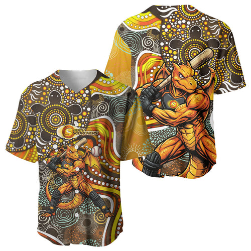 Perth Scorchers Baseball Jersey Indigenous Dot Art Superhero Batter Tribal Pattern