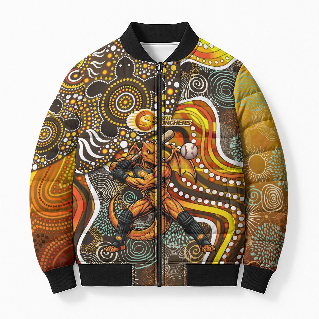 Perth Scorchers Bomber Puffer Jacket Indigenous Dot Art Superhero Batter Tribal Pattern