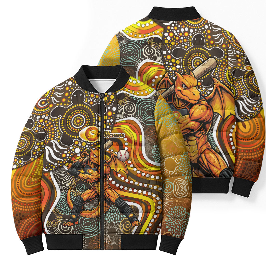 Perth Scorchers Bomber Puffer Jacket Indigenous Dot Art Superhero Batter Tribal Pattern