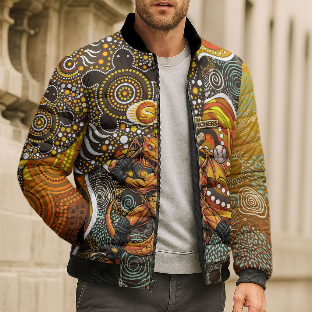 Perth Scorchers Bomber Puffer Jacket Indigenous Dot Art Superhero Batter Tribal Pattern