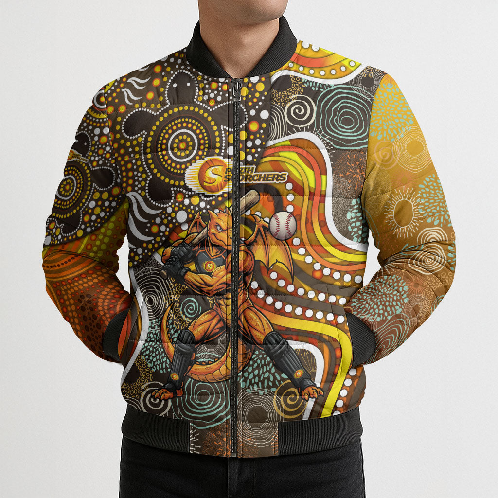 Perth Scorchers Bomber Puffer Jacket Indigenous Dot Art Superhero Batter Tribal Pattern