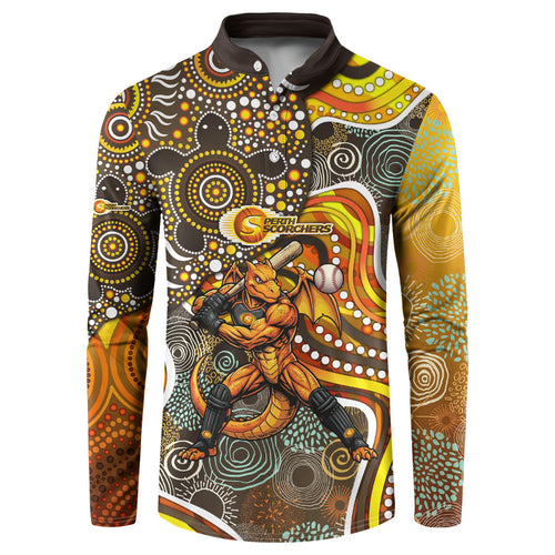 Perth Scorchers Button Sweatshirt Indigenous Dot Art Superhero Batter Tribal Pattern