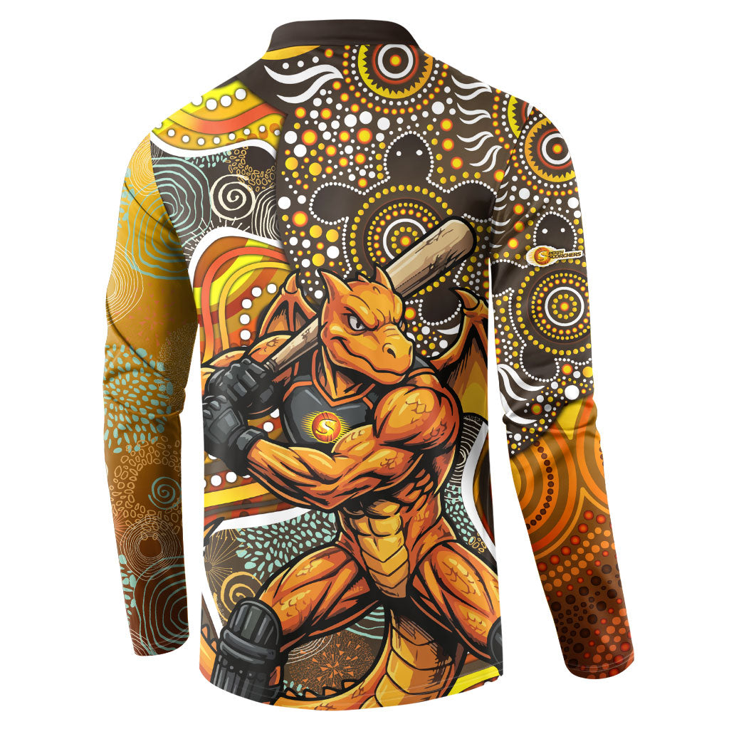 Perth Scorchers Button Sweatshirt Indigenous Dot Art Superhero Batter Tribal Pattern