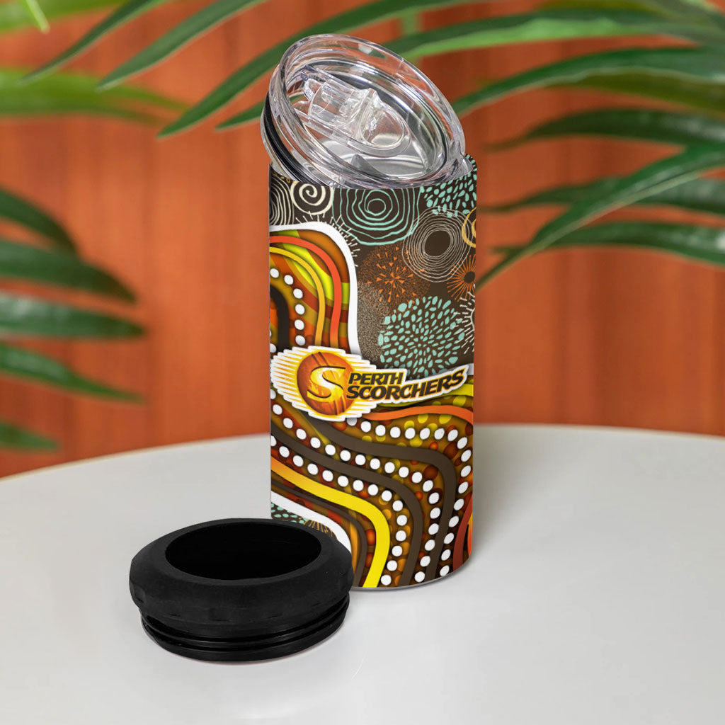 Perth Scorchers 4 in 1 Can Cooler Tumbler Indigenous Dot Art Superhero Batter Tribal Pattern