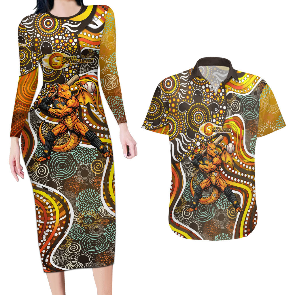Perth Scorchers Couples Matching Long Sleeve Bodycon Dress and Hawaiian Shirt Indigenous Dot Art Superhero Batter Tribal Pattern
