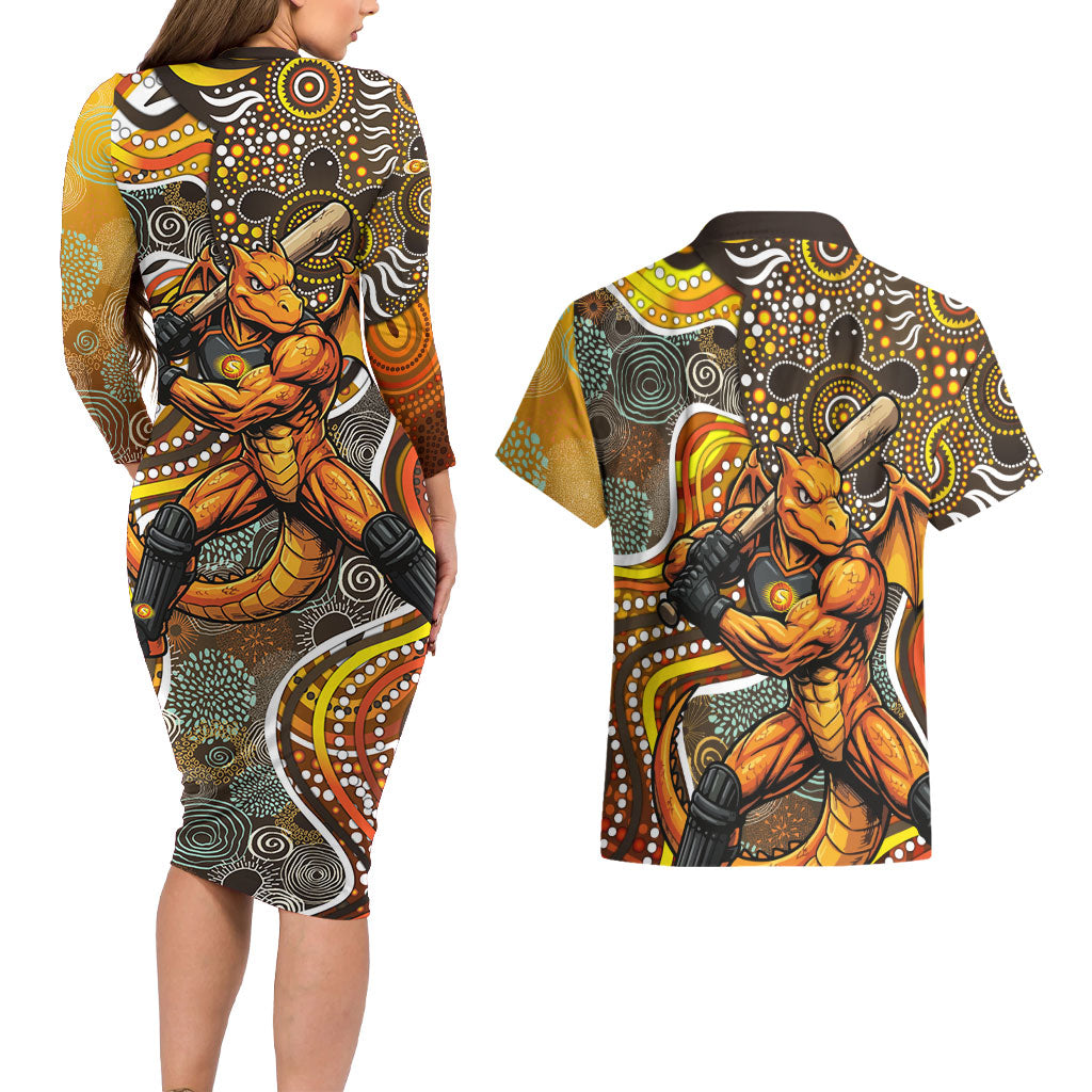 Perth Scorchers Couples Matching Long Sleeve Bodycon Dress and Hawaiian Shirt Indigenous Dot Art Superhero Batter Tribal Pattern