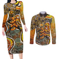 Perth Scorchers Couples Matching Long Sleeve Bodycon Dress and Long Sleeve Button Shirt Indigenous Dot Art Superhero Batter Tribal Pattern