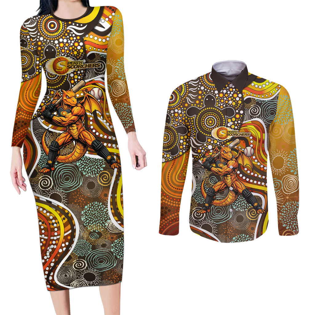 Perth Scorchers Couples Matching Long Sleeve Bodycon Dress and Long Sleeve Button Shirt Indigenous Dot Art Superhero Batter Tribal Pattern
