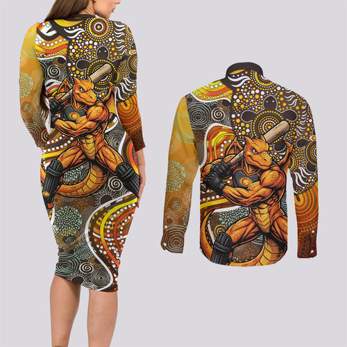 Perth Scorchers Couples Matching Long Sleeve Bodycon Dress and Long Sleeve Button Shirt Indigenous Dot Art Superhero Batter Tribal Pattern