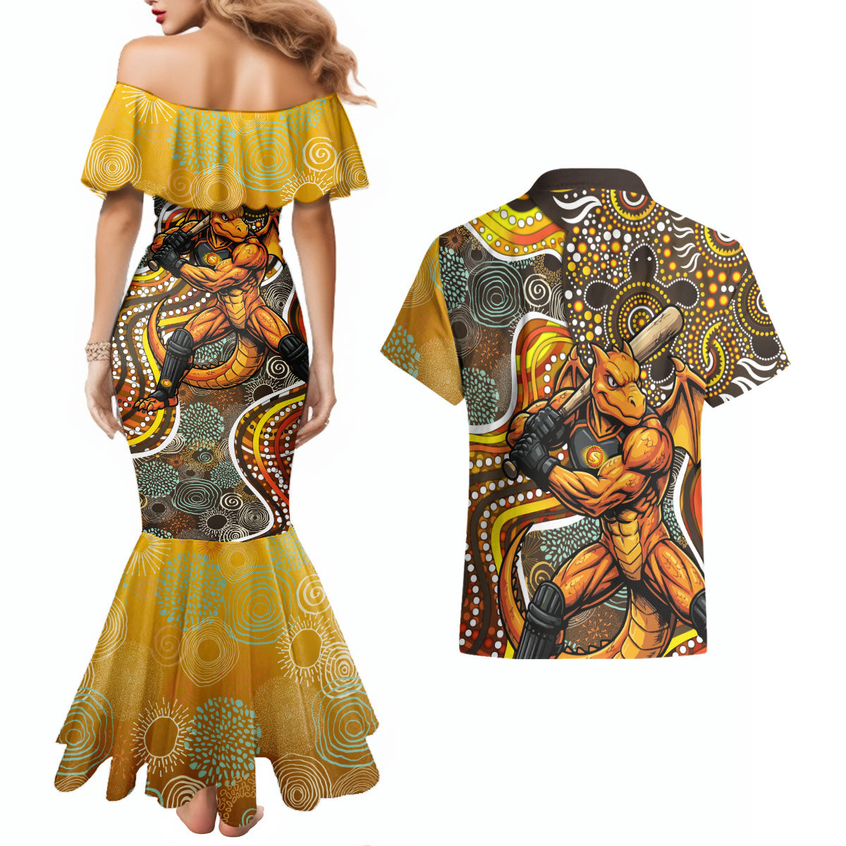 Perth Scorchers Couples Matching Mermaid Dress and Hawaiian Shirt Indigenous Dot Art Superhero Batter Tribal Pattern