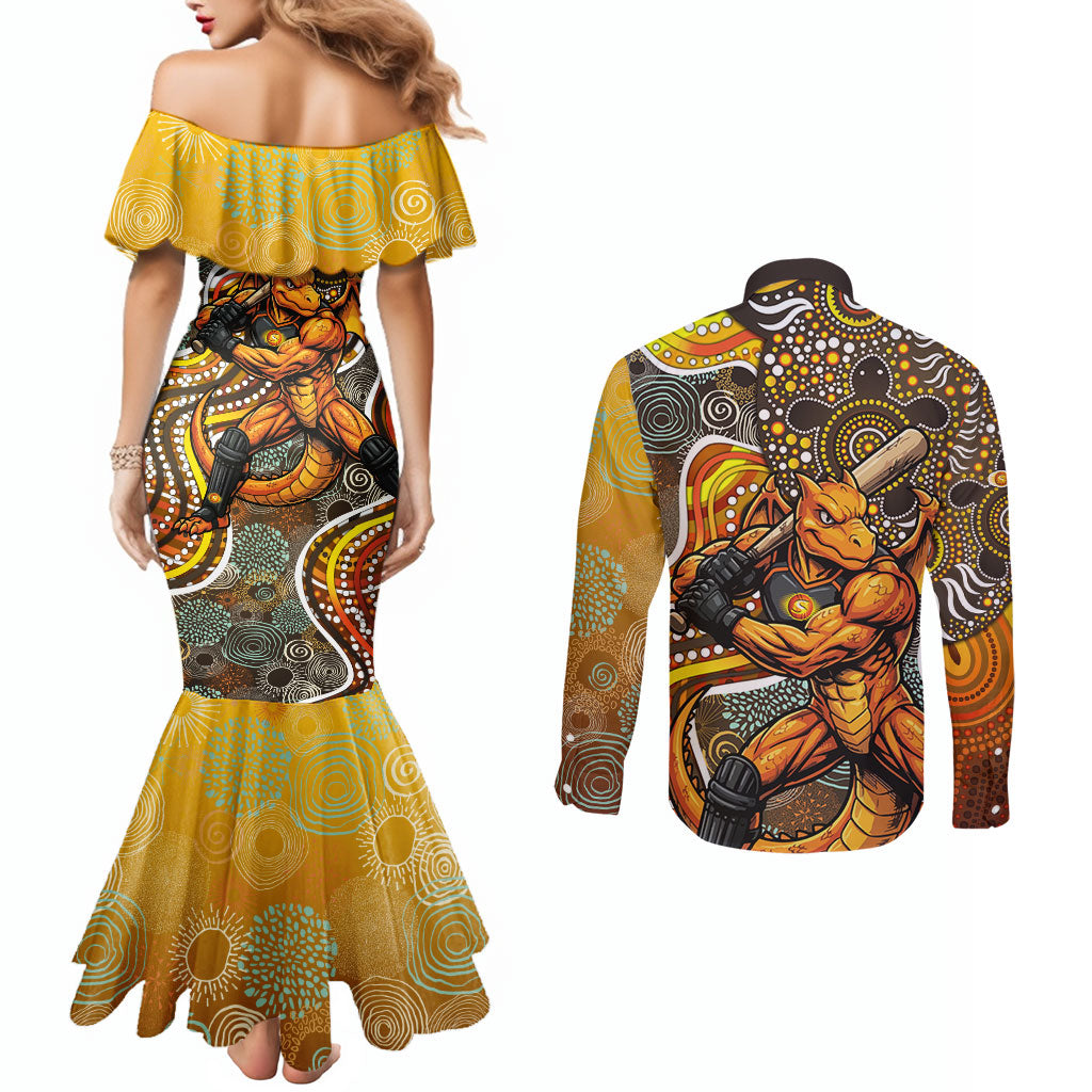 Perth Scorchers Couples Matching Mermaid Dress and Long Sleeve Button Shirt Indigenous Dot Art Superhero Batter Tribal Pattern