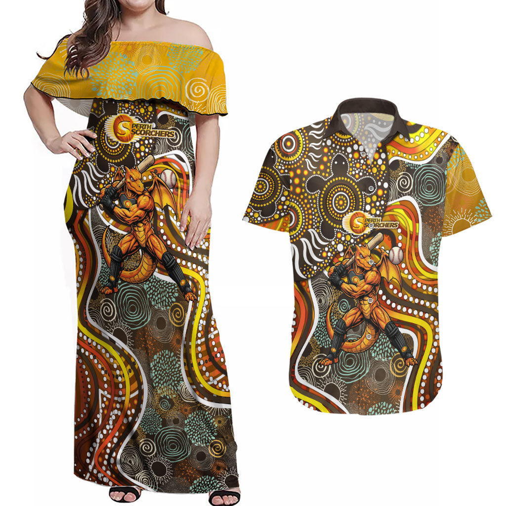 Perth Scorchers Couples Matching Off Shoulder Maxi Dress and Hawaiian Shirt Indigenous Dot Art Superhero Batter Tribal Pattern