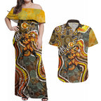 Perth Scorchers Couples Matching Off Shoulder Maxi Dress and Hawaiian Shirt Indigenous Dot Art Superhero Batter Tribal Pattern