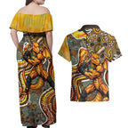 Perth Scorchers Couples Matching Off Shoulder Maxi Dress and Hawaiian Shirt Indigenous Dot Art Superhero Batter Tribal Pattern