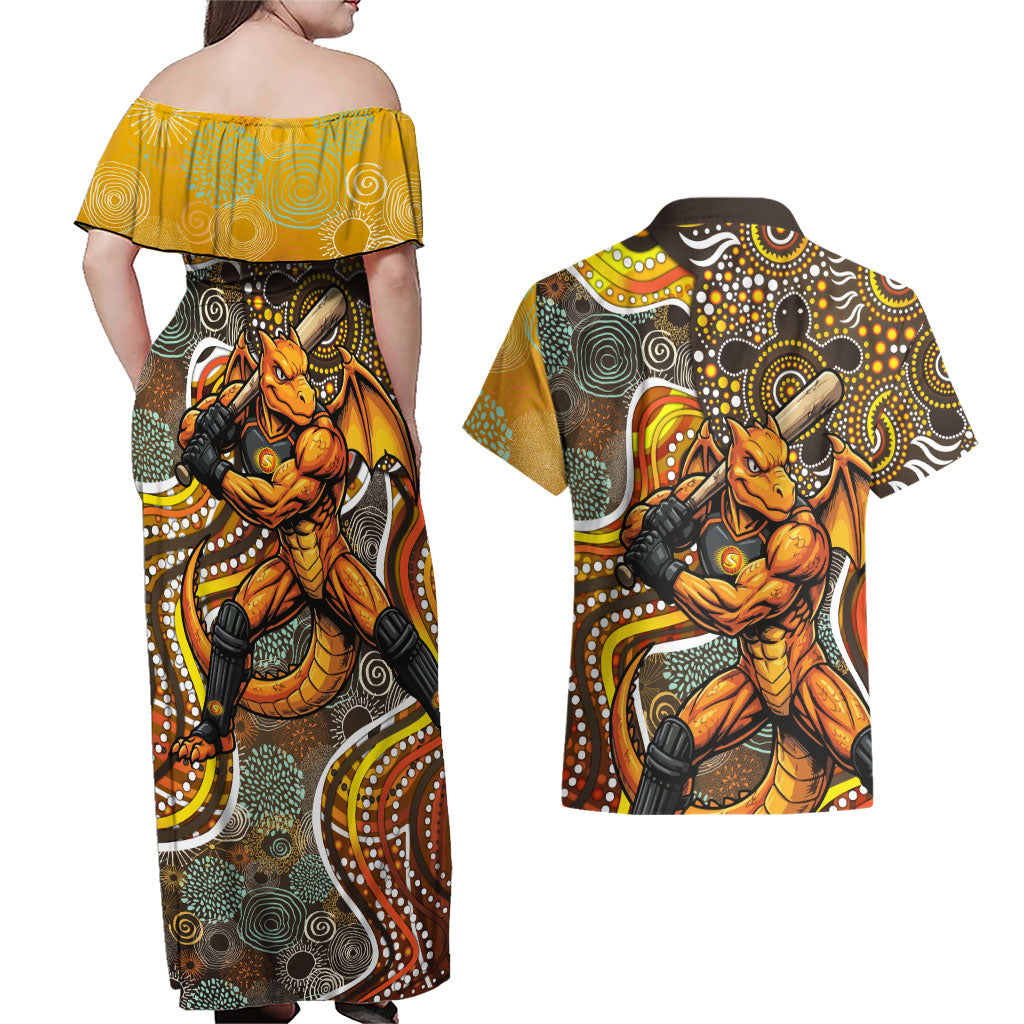 Perth Scorchers Couples Matching Off Shoulder Maxi Dress and Hawaiian Shirt Indigenous Dot Art Superhero Batter Tribal Pattern