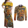 Perth Scorchers Couples Matching Off Shoulder Maxi Dress and Long Sleeve Button Shirt Indigenous Dot Art Superhero Batter Tribal Pattern